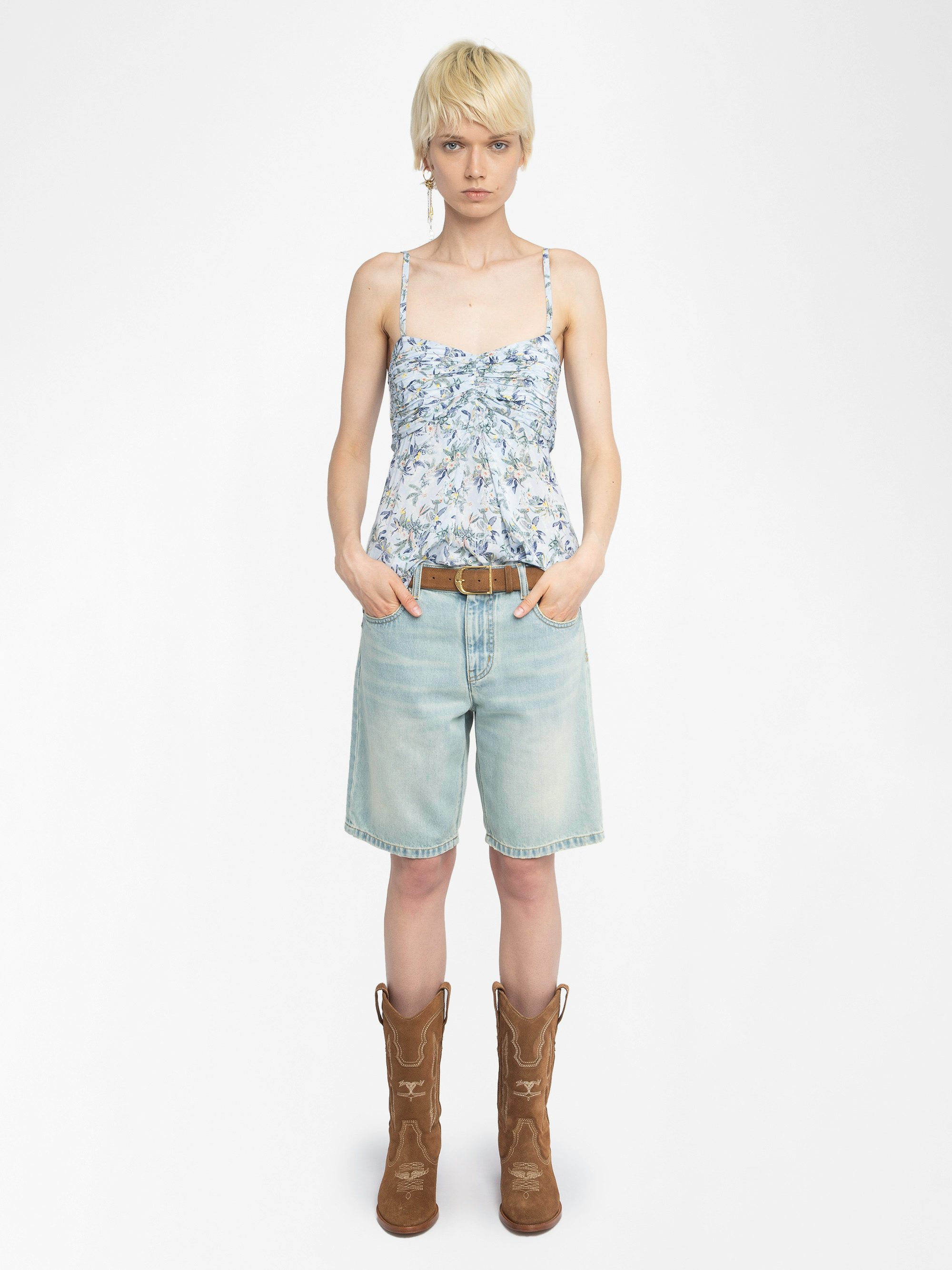 Cippie Camisole - Caraco in printed viscose with adjustable straps and gathered bustier.